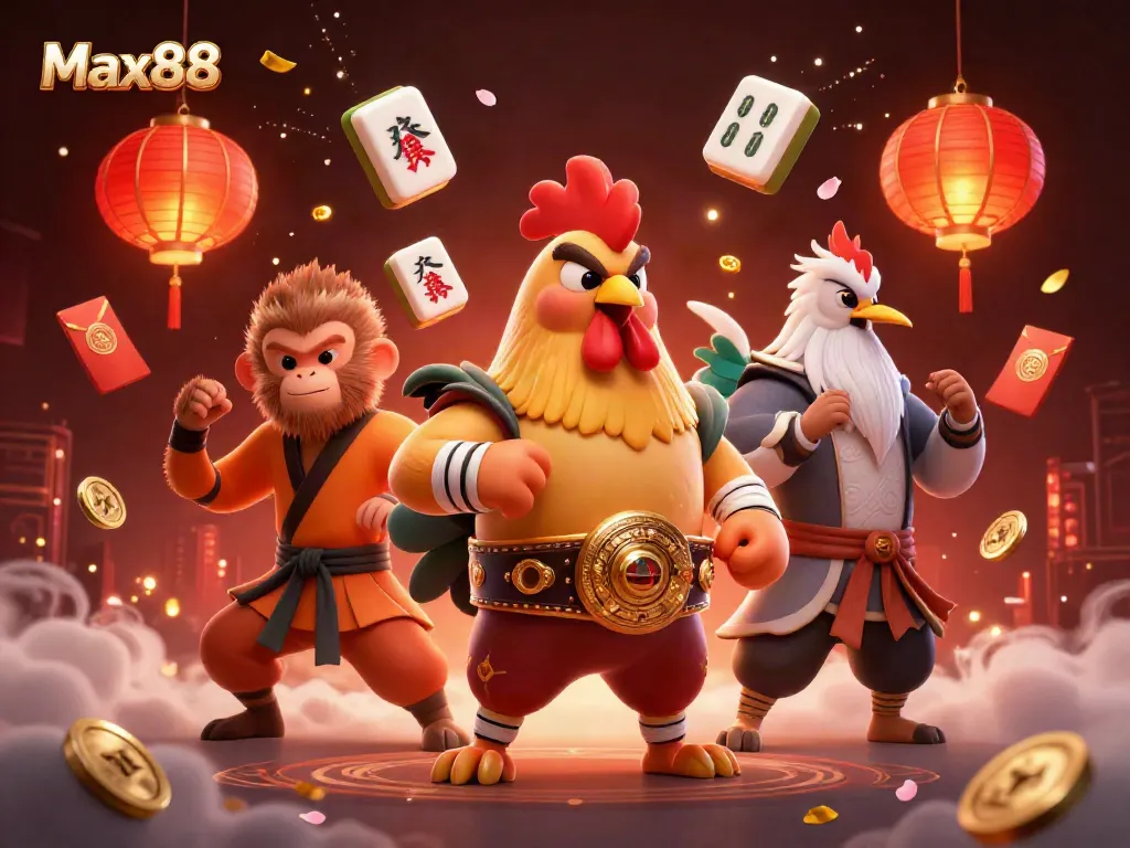 Muay Thai rooster wins with a golden belt at Max88, surrounded by festive gambling elements.