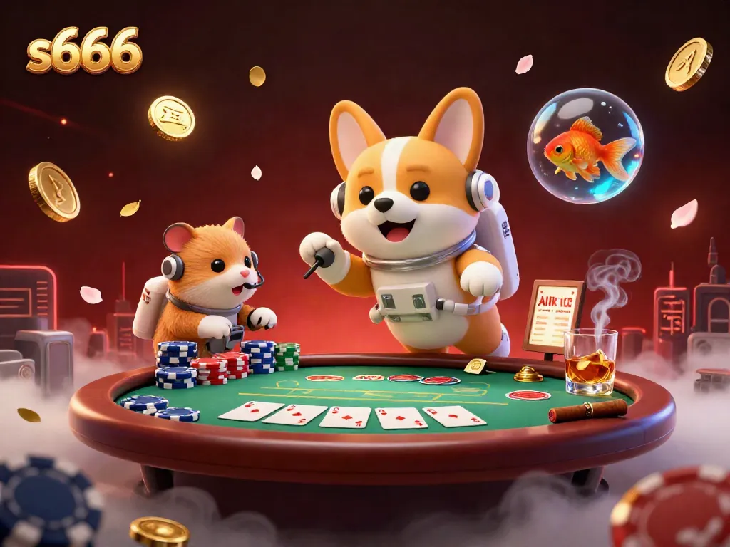 Experience the vibrant s666 online casino scene with a floating astronaut corgi amidst drifting poker chips and golden coins.