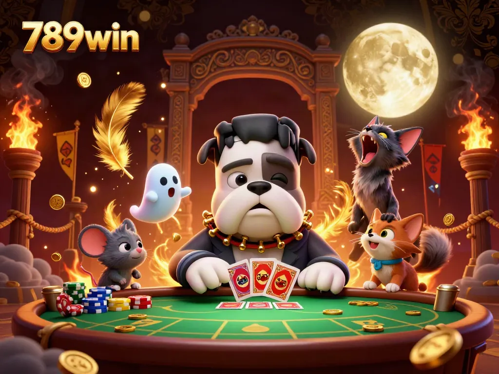 Engage in thrilling card games at 789win with a unique Frankenstein bulldog dealer and exciting casino elements.