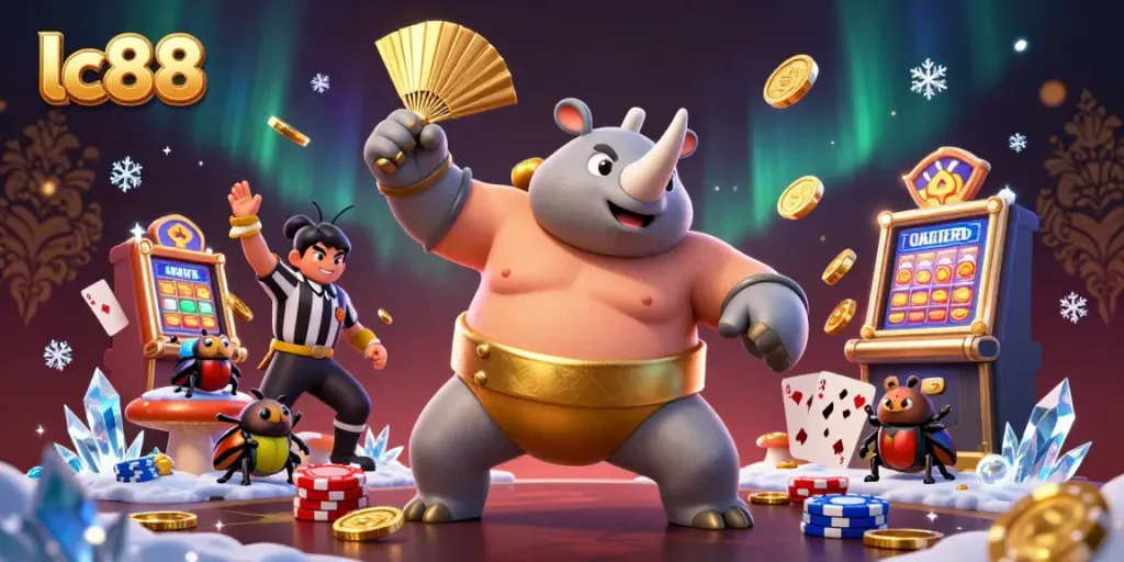 Win big with lc88 as the beetle champion stomps coins in a vibrant casino scene.
