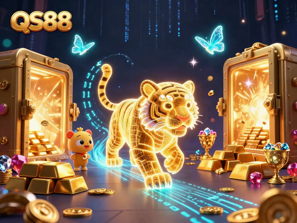 Experience the thrilling world of QS88 with a vibrant golden tiger and dazzling digital treasures.