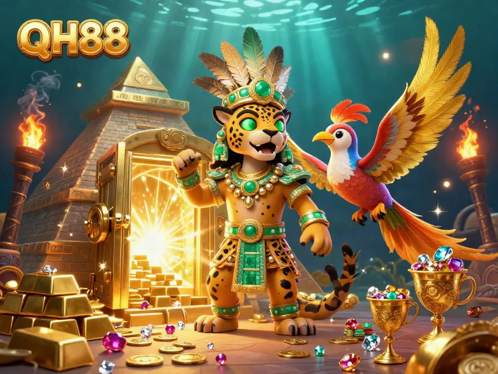 Experience thrilling wins at QH88 with a vibrant illustration of a Mayan priest and treasure scene.