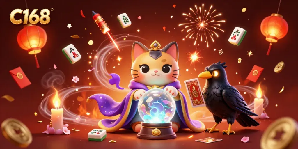 C168 fortune teller mystic cat and tarot raven creating winning strategies in a dynamic casino atmosphere