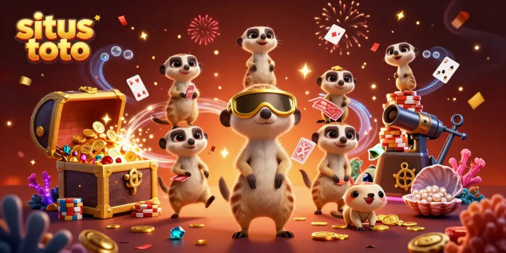 Permainan slot situs toto dengan koloni meerkats yang menjalankan kasino yang meriah dan penuh warna.
