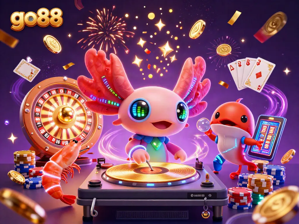 Go88 casino illustration featuring neon axolotl DJ creating excitement with coins and cards.