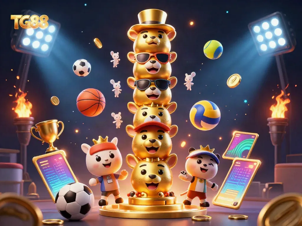 Immerse in the interactive world of TG88, where a golden totem pole and dynamic sports elements create an exciting atmosphere.