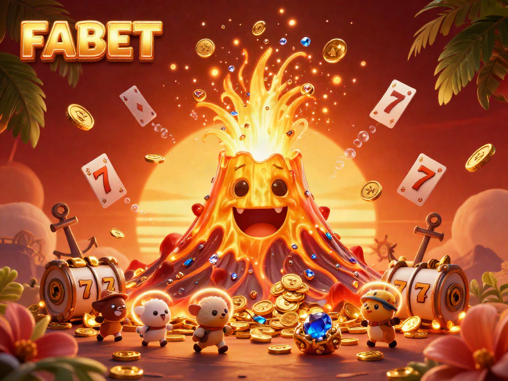 Experience the thrilling action of FABET with treasures erupting from a golden volcano in a vibrant 3D illustration.