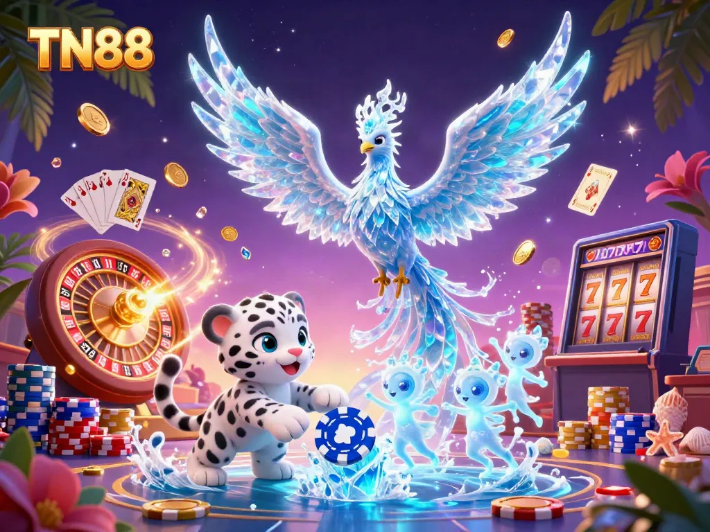 Experience thrilling moments at TN88 with a cartoon ice phoenix and a snow leopard in a vibrant casino.
