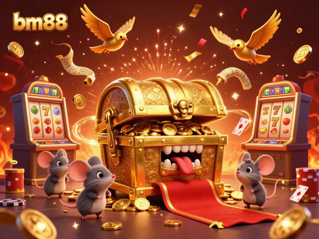Engage in thrilling gameplay with bm88 at this vibrant casino scene featuring a treasure chest and dynamic slot machines.
