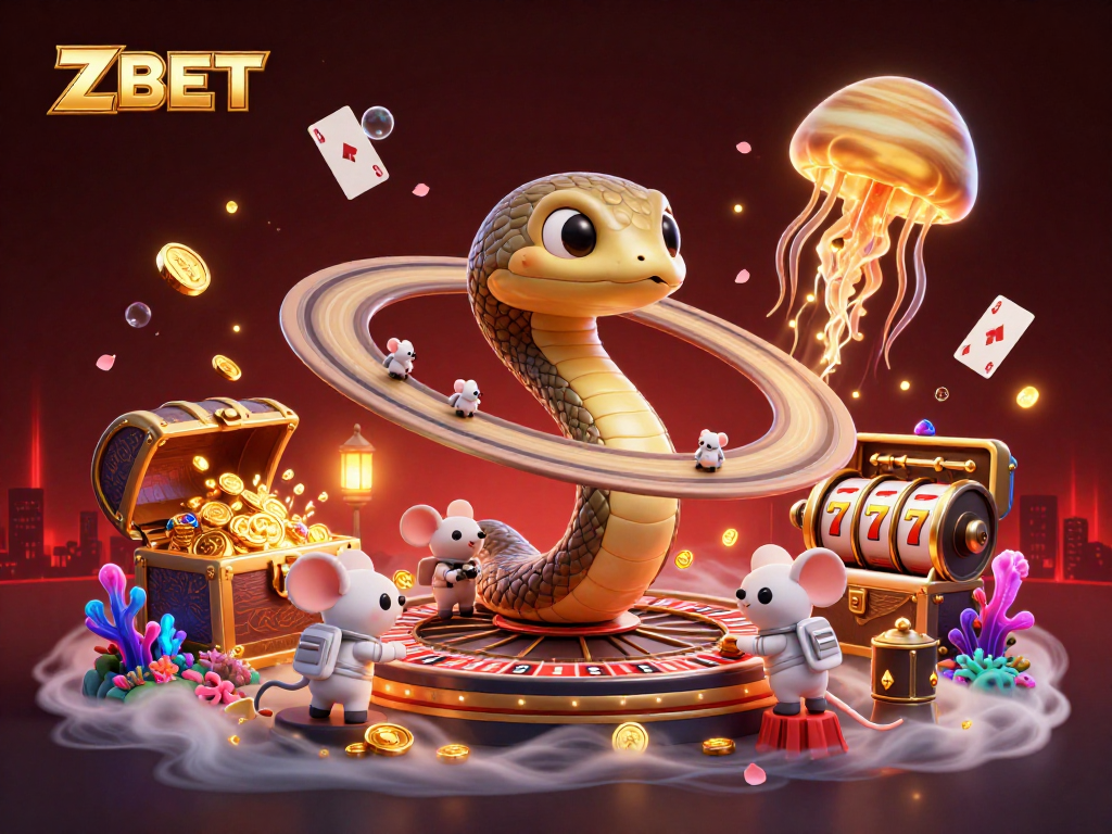 ZBET casino scene with a Saturn ring snake as a roulette wheel and astronaut mice betting, rich in visuals.