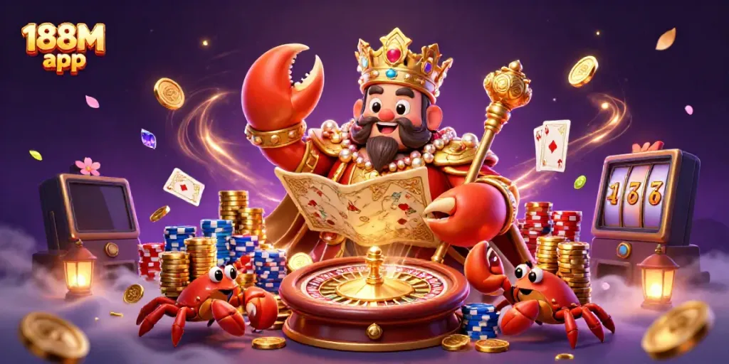 Experience the excitement of the 188M app with a golden crab emperor and casino elements.