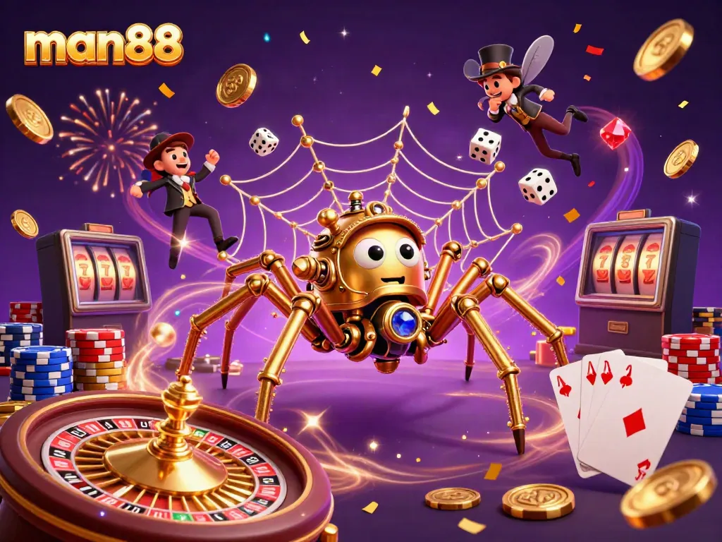 Experience thrilling gameplay at man88 with a vibrant 3D casino scene featuring a golden spider and lucky symbols.