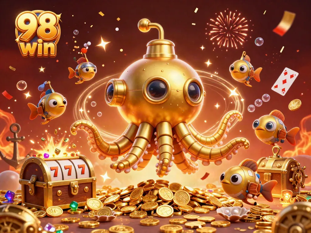 Engage with the thrill of 98 win in this vibrant casino-themed 3D illustration featuring mechanical sea creatures and golden riches.
