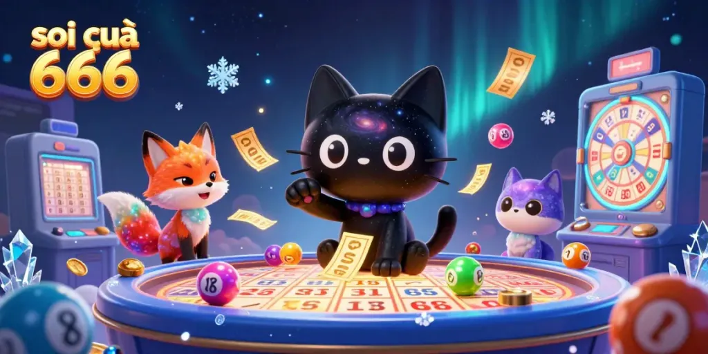 Engaging scene depicting a black hole cat at a cosmic lottery table, illustrating soi cầu 666 in vibrant colors.