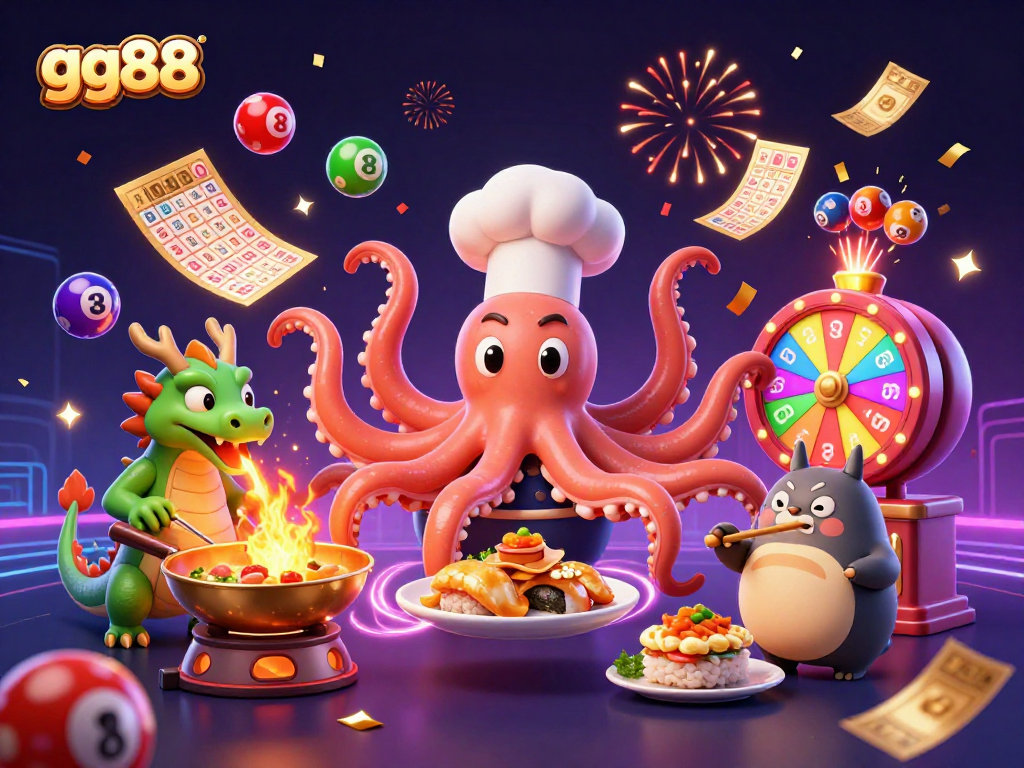 Experience gg88's colorful gaming scene with a sushi chef octopus, a fiery dragon, and a tanuki customer.