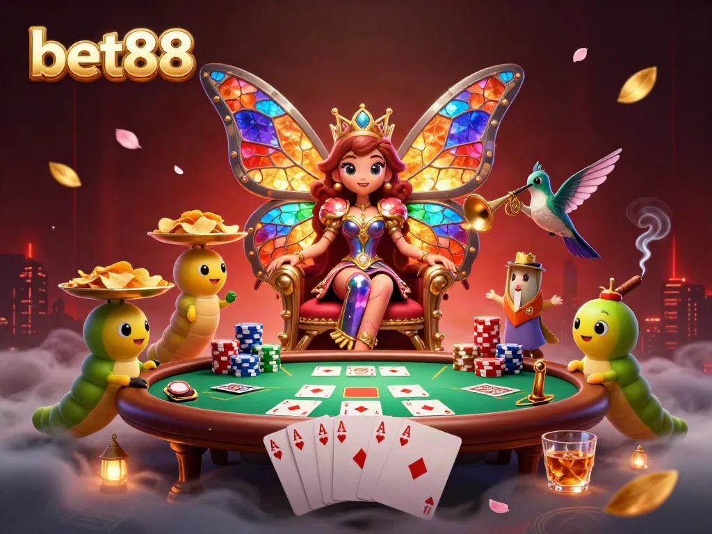 Bet88 illustrates a fantasy casino scene with the butterfly queen and vibrant poker elements.