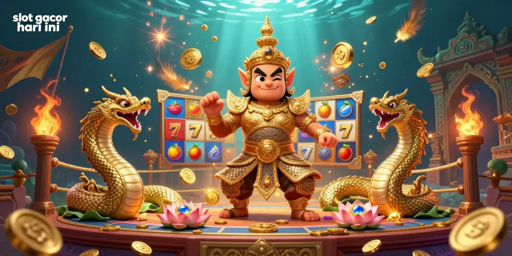 Experience the excitement of slot gacor hari ini with vibrant slot reels and golden decorations in this lively digital illustration.