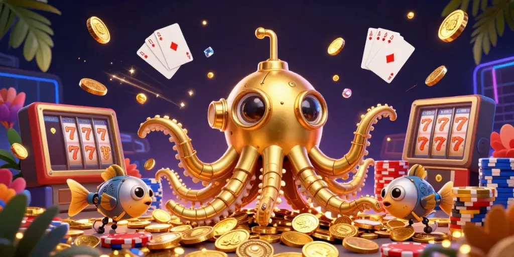 Engage with Cloud Server Brasil as the golden kraken submarine surfaces among dazzling coins and gaming elements.