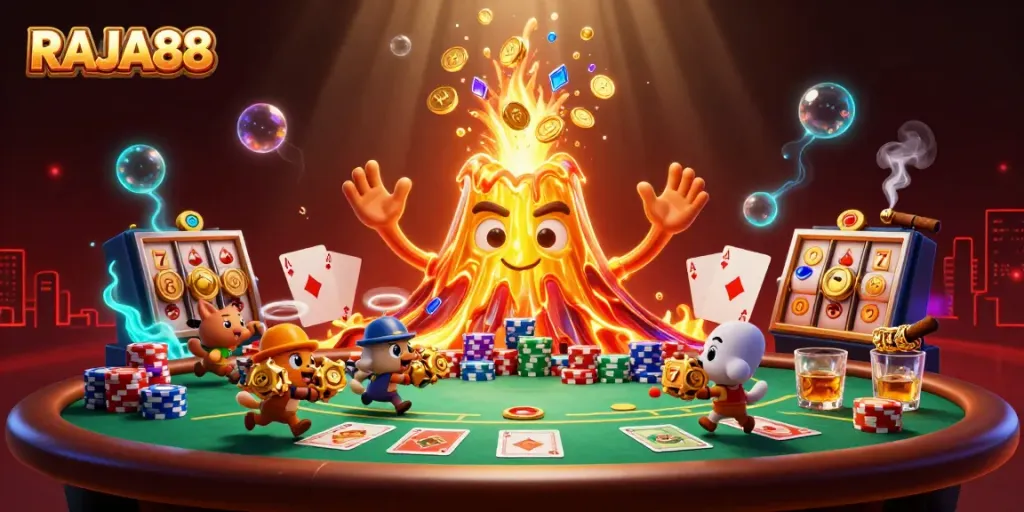 RAJA88 showcases an erupting volcano with treasures amidst poker and slot elements, embodying casino excitement.