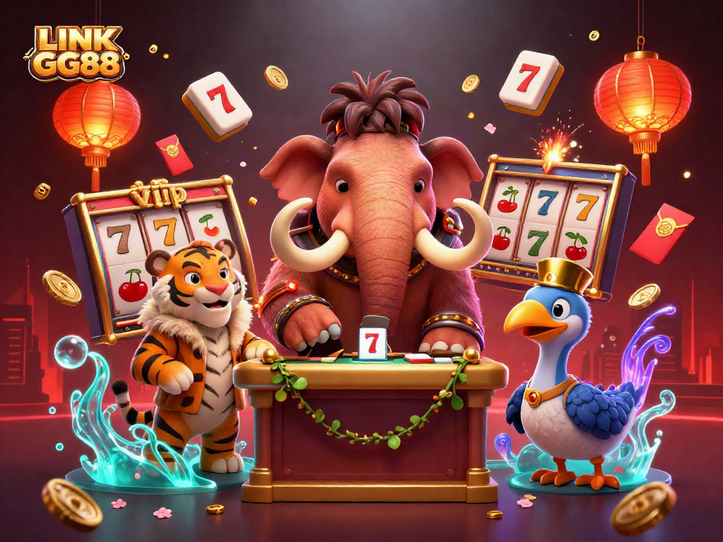 Engage with LINK GG88's dynamic casino scene featuring a woolly mammoth bouncer and vibrant decorations.