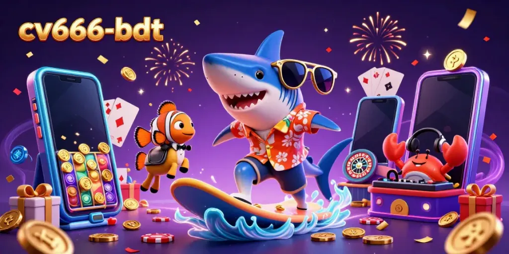 Surf with excitement through cv666-bdt's vibrant casino adventure featuring an entertaining shark and friends.