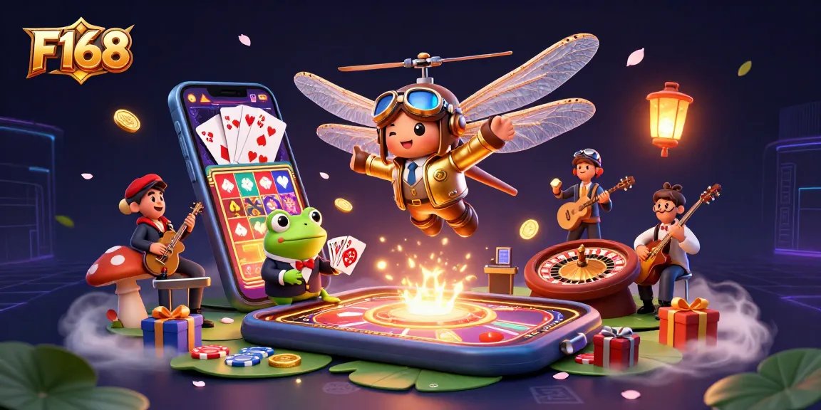 Join the excitement at F168 as a flying dragonfly pilot hovers above a vibrant lily pad casino scene.