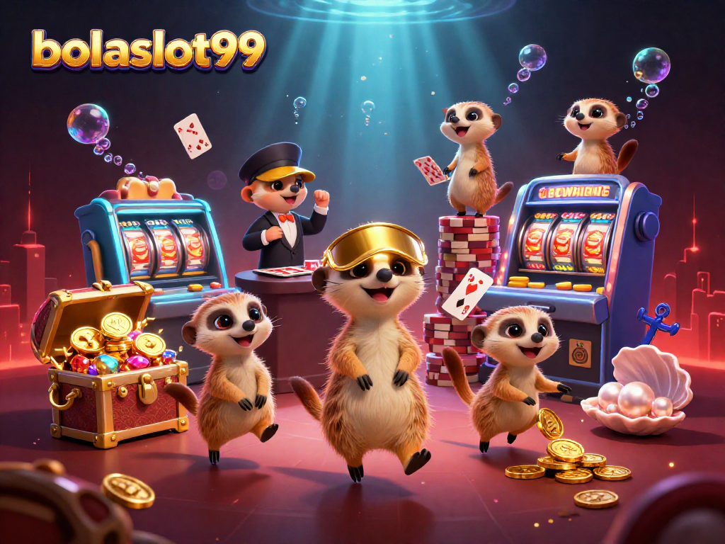 Experience the dynamic excitement of bolaslot99 with a playful meerkat casino scene featuring card games and slot machines.