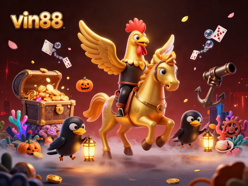 Engage in the thrilling atmosphere of vin88's casino, featuring a golden rooster and rich game elements.