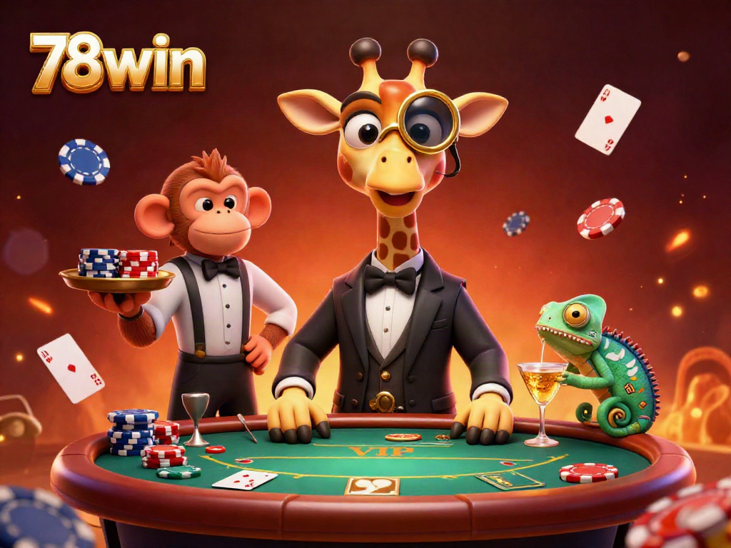 Experience excitement at 78win with a thrilling poker scene featuring vibrant characters and casino elements.