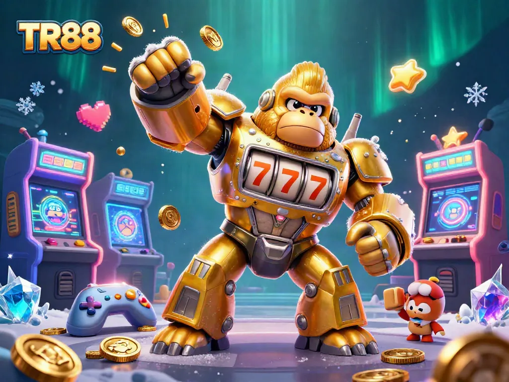 Engage with TR88's vibrant casino gaming scene featuring a golden gorilla mech and dynamic arcade elements.