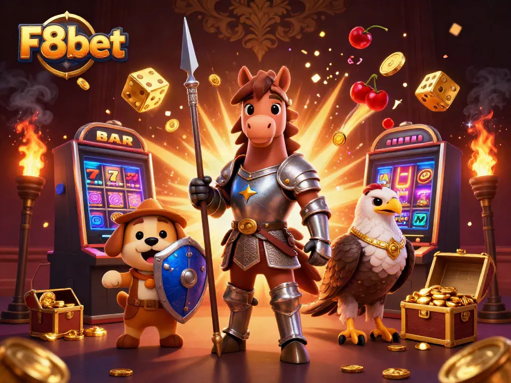 Experience the thrilling casino action with F8bet through this vibrant illustration of a knight and friends amid a jackpot explosion.