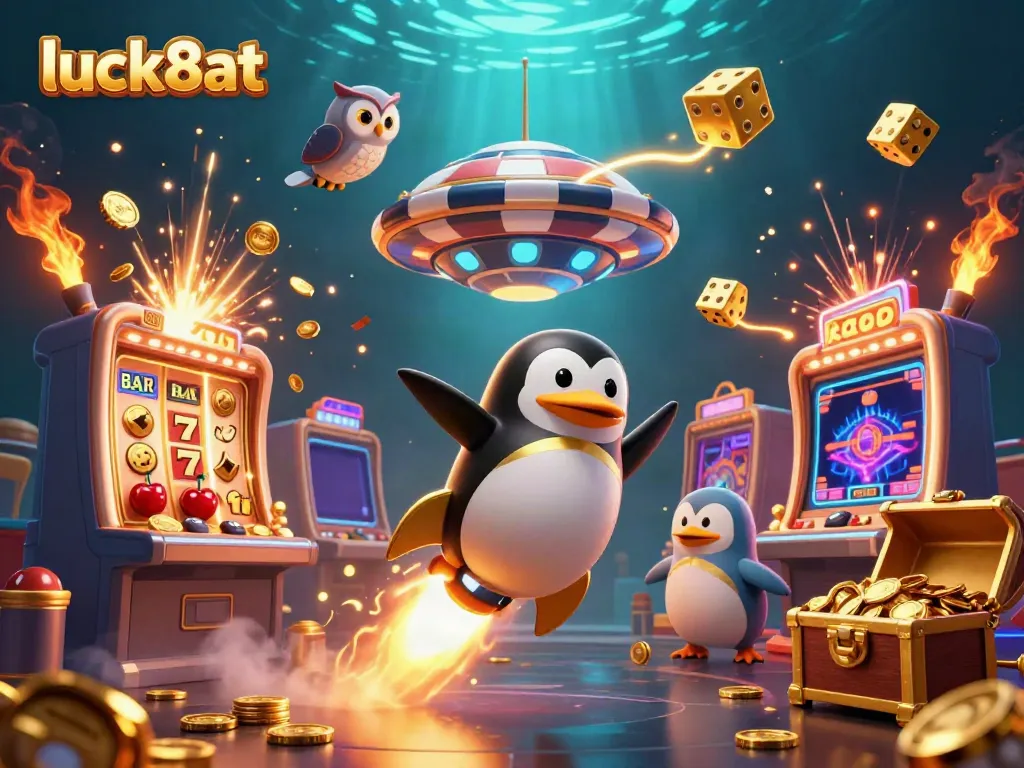 Experience thrilling wins at luck8at with the golden penguin navigating through a vibrant casino illustration.