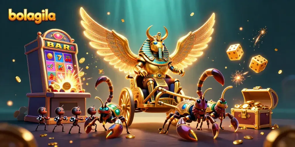 Engage with bolagila's vibrant casino realm featuring a golden scarab and dynamic gaming elements.