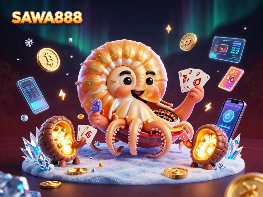 Engage with SAWA888 as the ancient nautilus spins the roulette wheel amidst vibrant casino elements.