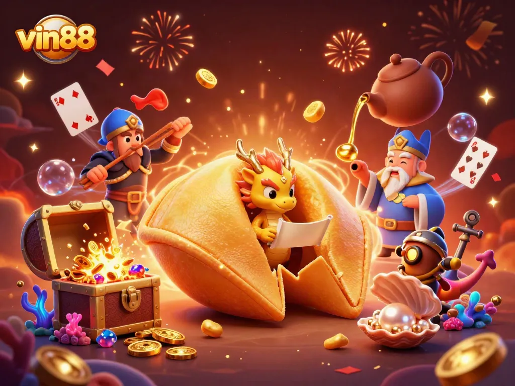 Launching winning strategies at vin88, featuring a vibrant casino scene with gold and fortune.