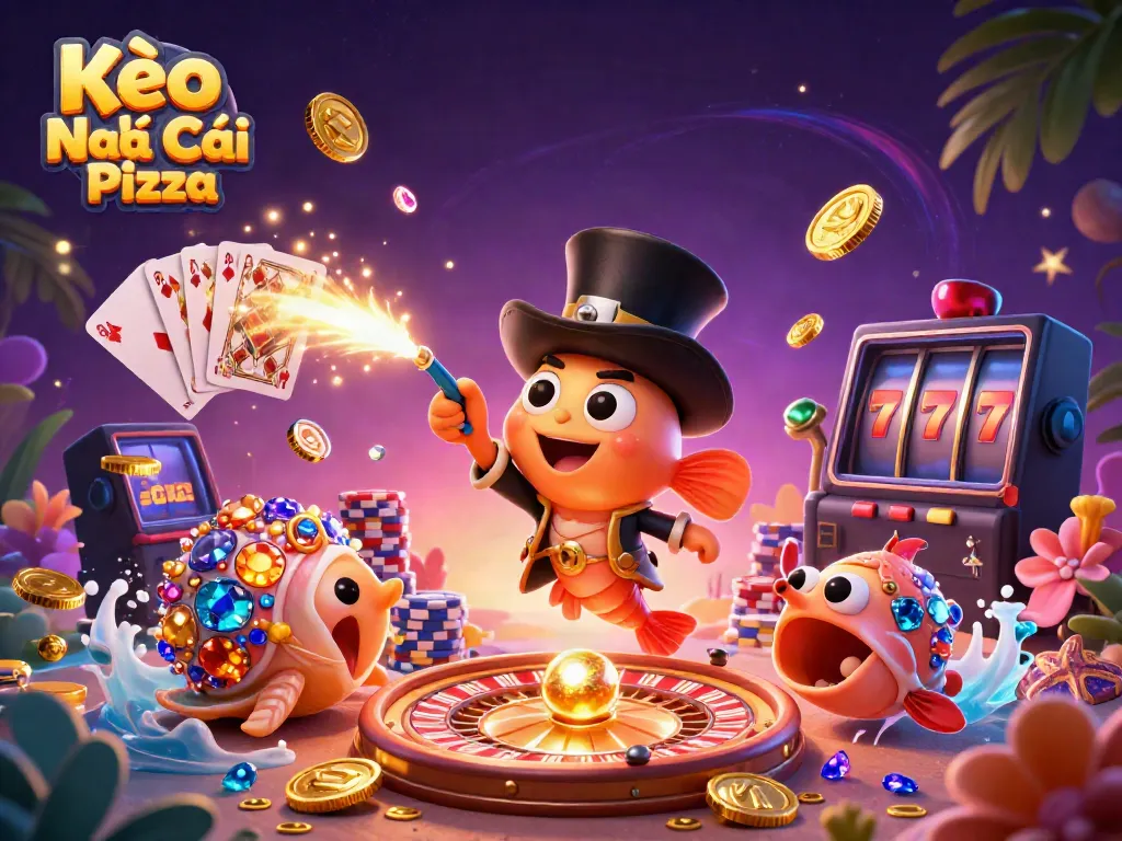 Play exciting games at Kèo Nhà Cái Pizza with a whimsical 3D illustration of characters attracting coins.