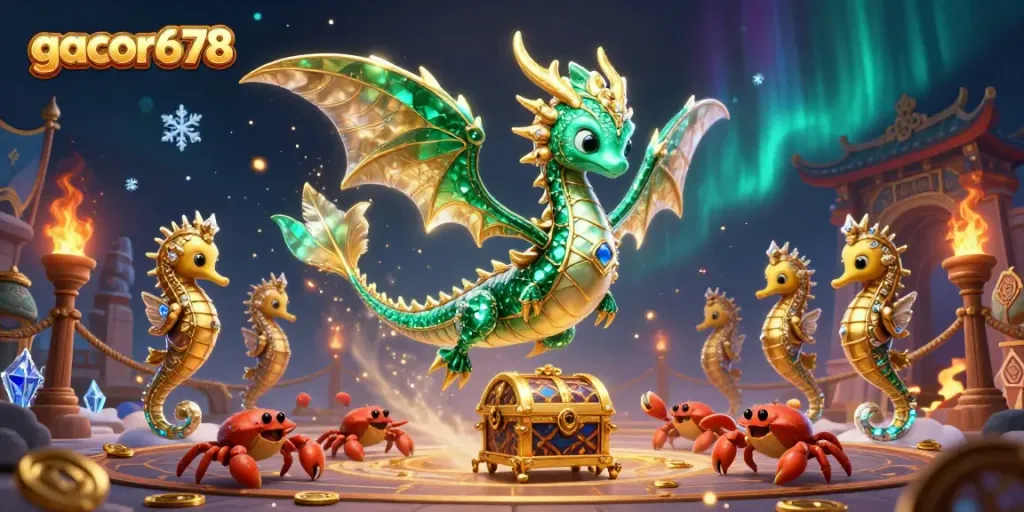 Engage in vibrant gaming adventures at gacor678, featuring a mystical sea dragon and royal seahorses.