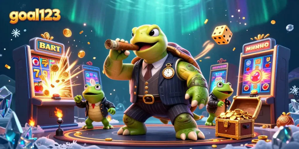 Experience thrilling moments with goal123 as cartoon characters celebrate a jackpot in a vibrant casino.