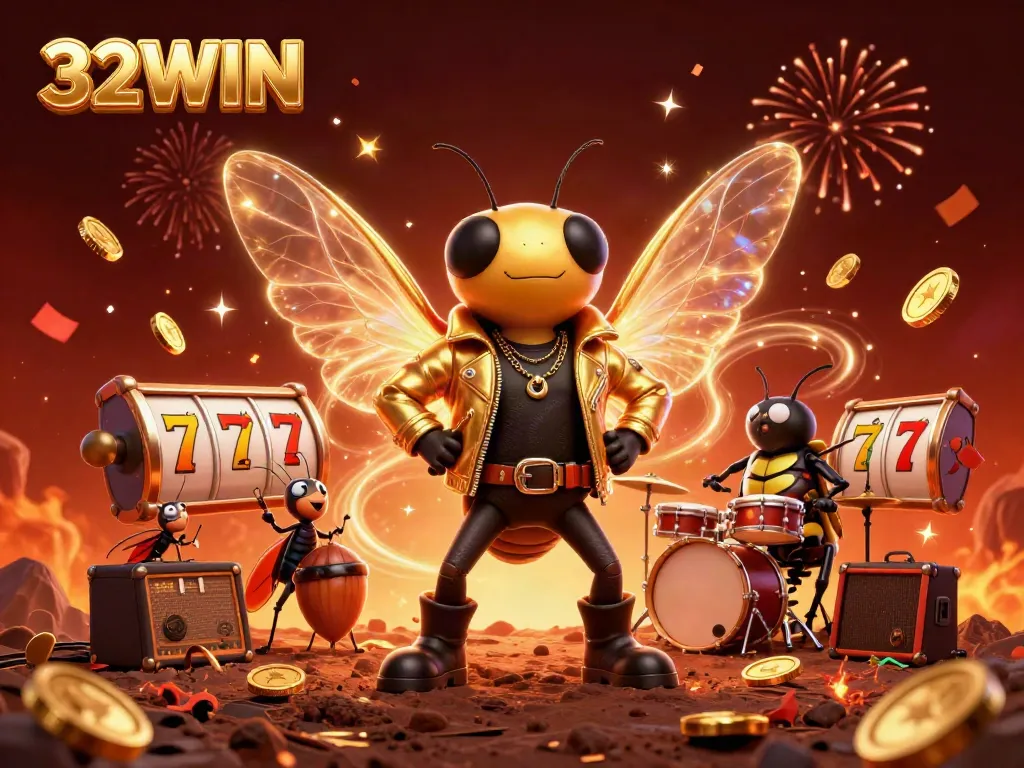 Spin to win with 32WIN in this vibrant casino-themed 3D illustration featuring characters celebrating with slot games and gold coins.