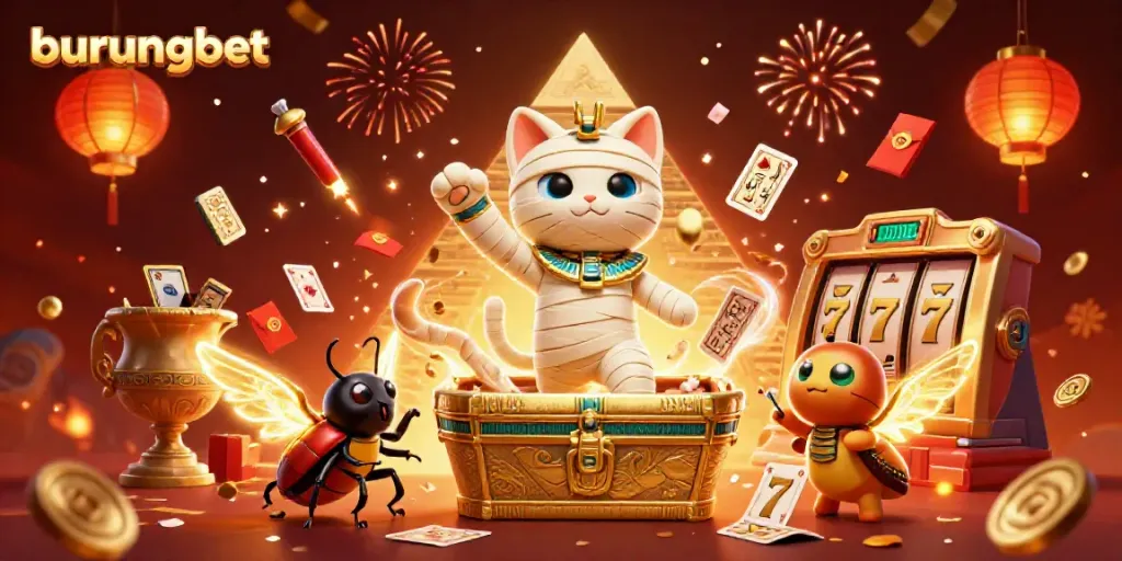 Experience thrilling jackpots with burungbet in a vibrant pyramid casino illustration
