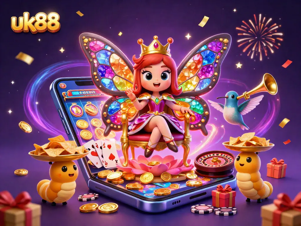 uk88's vibrant casino scene showcases a butterfly queen surrounded by chips, games, and excitement.