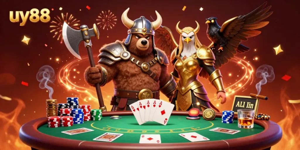 Engage in thrilling action at uy88 with a vibrant scene of poker excitement and dynamic characters.