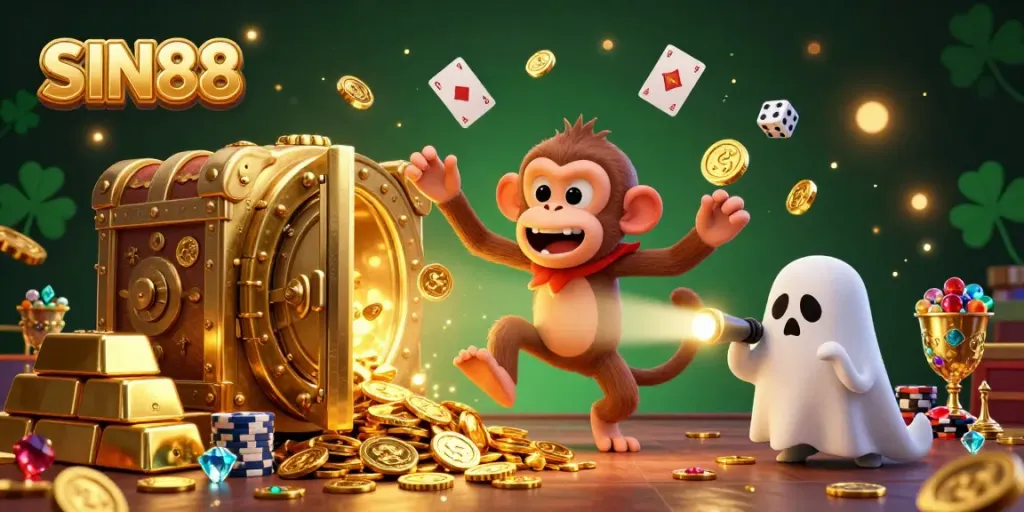 Experience exhilarating play at SIN88's haunted casino, where a mischievous monkey juggles golden treasures.