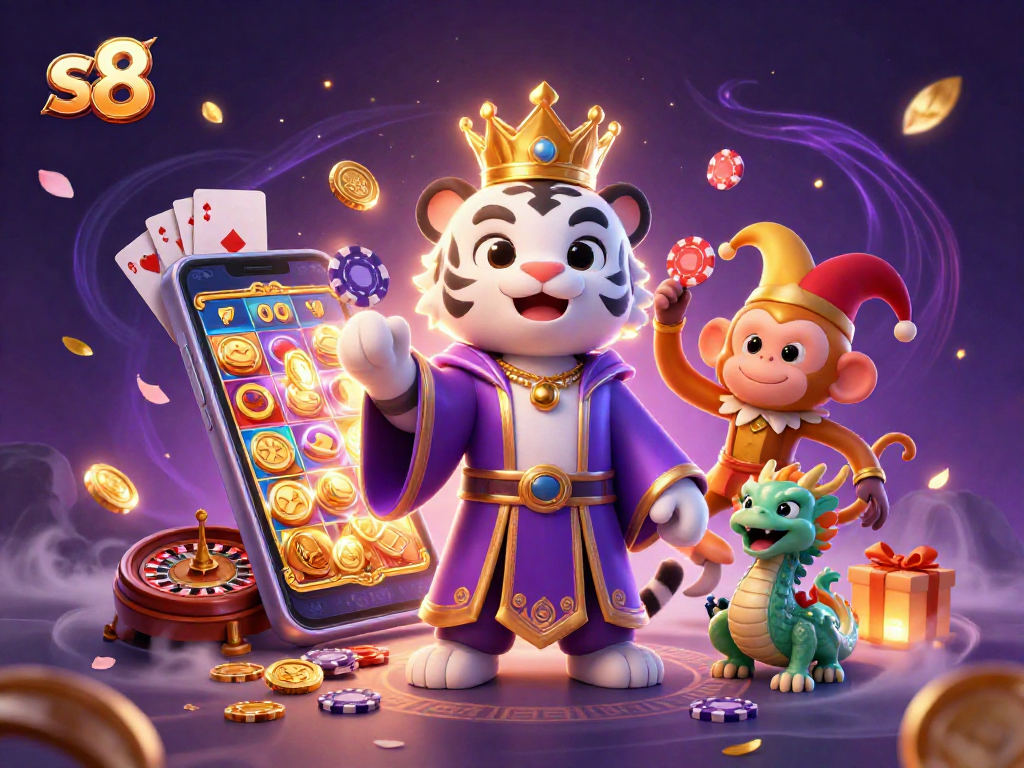 Engage with s8's exciting experience featuring a royal tiger, jester monkey, and slot games.