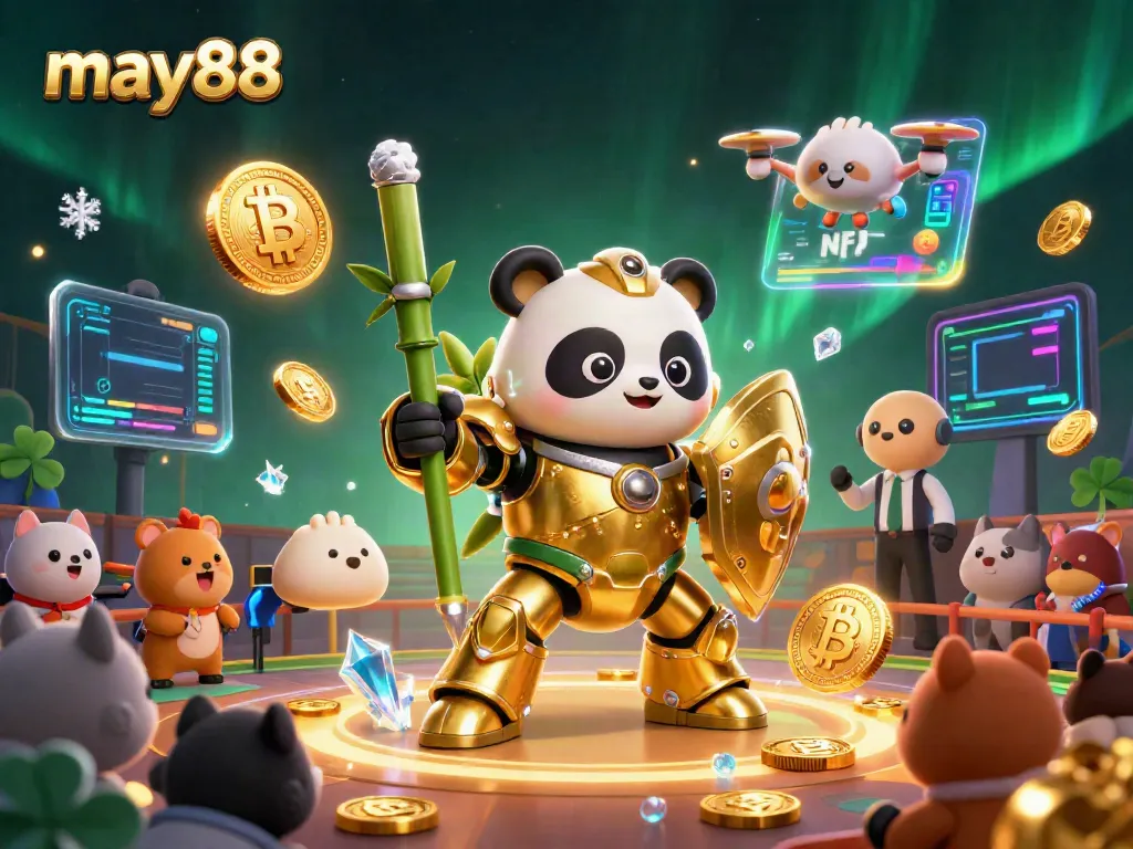 Engage with may88's exhilarating gameplay featuring a mech-suit panda in a vibrant casino arena.