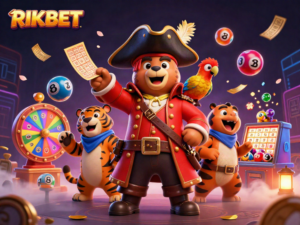 Engaging 3D illustration featuring RIKBET's pirate bear and tiger in a dynamic lottery scene.
