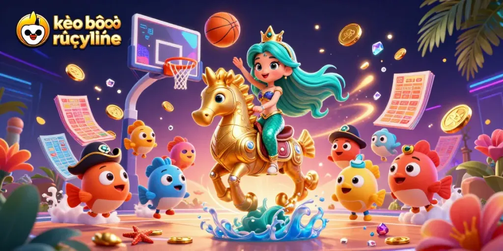 Bet live with kèo bóng rổ trực tuyến as the mermaid princess scores a winning basket amidst colorful characters.