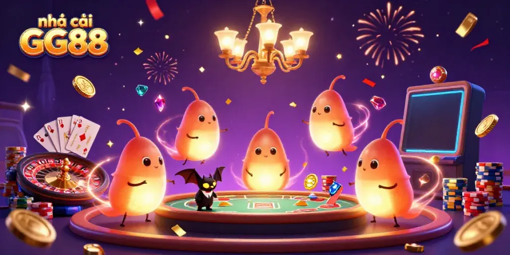 Engage in thrilling gameplay at nhà cái GG88 while vibrant glowworms illuminate a dazzling casino scene.
