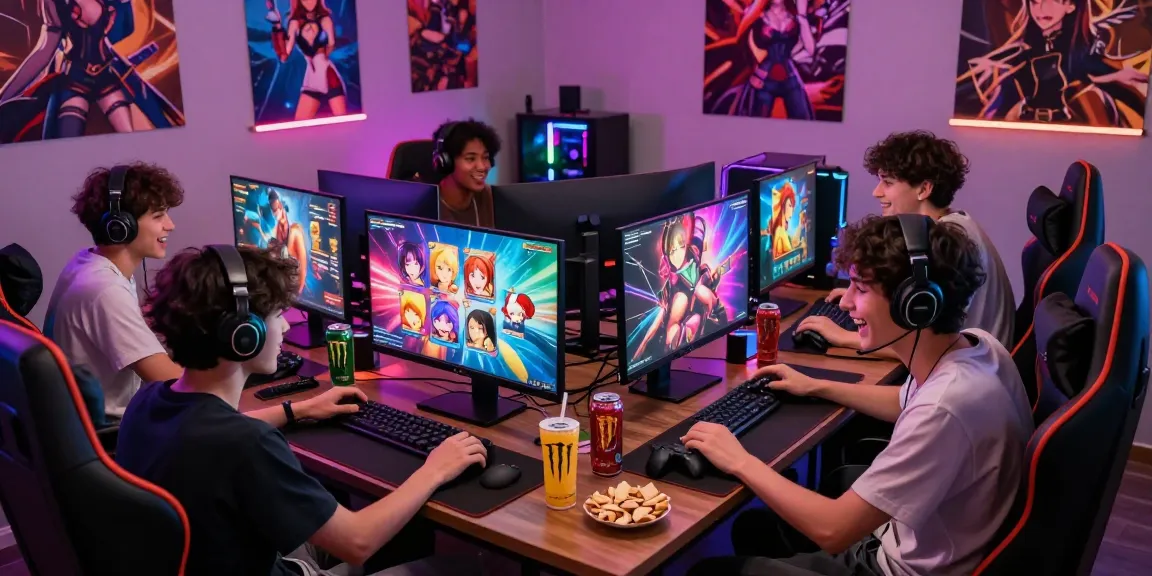 Group enjoying hentai games in a vibrant gaming room, surrounded by snacks and energy drinks