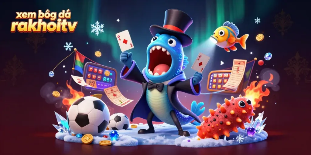 Experience xem bóng đá rakhoitv with an exciting 3D illustration capturing sports betting energy and magic acts.